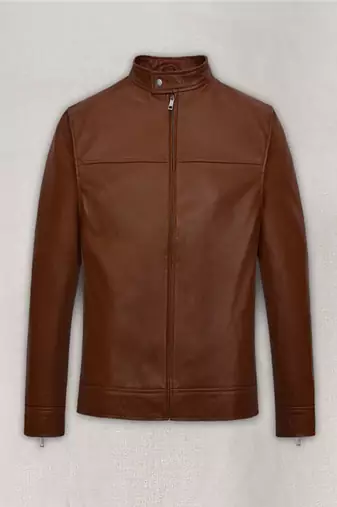 Men’s brown   genuine leather jacket – casual style with zipper   detail