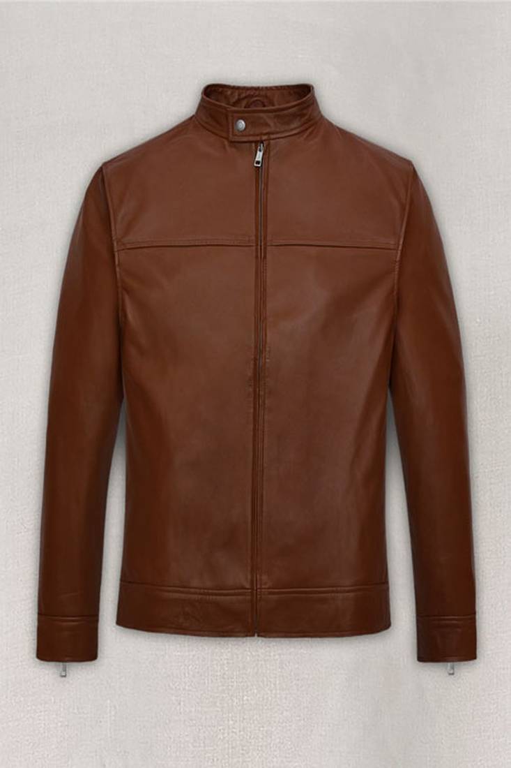 Men’s brown   genuine leather jacket – casual style with zipper   detail