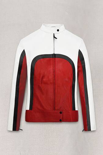Men’s red leather biker jacket with white quited slim fit motorcycle zip-up jacket with stripe detail