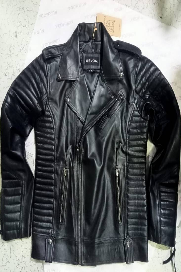 Men’s slim fit black  quilted design leather biker jacket slim fit moto style zip-up jacket