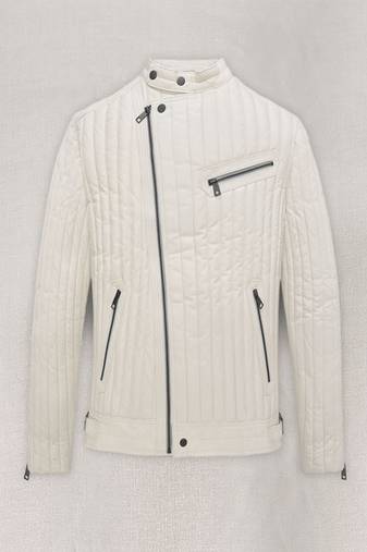 Men's off white genuine leather jacket motorcycle biker zipper buckle