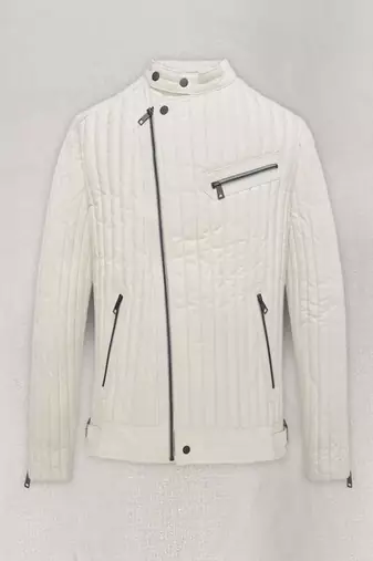 Men's off white genuine leather jacket motorcycle biker zipper buckle