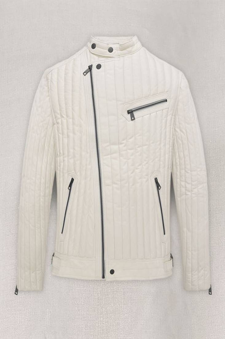 Men's off white genuine leather jacket motorcycle biker zipper buckle