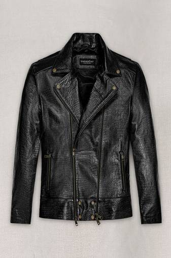 Croc embossed lambskin  black leather biker jacket - asymmetrical zipper