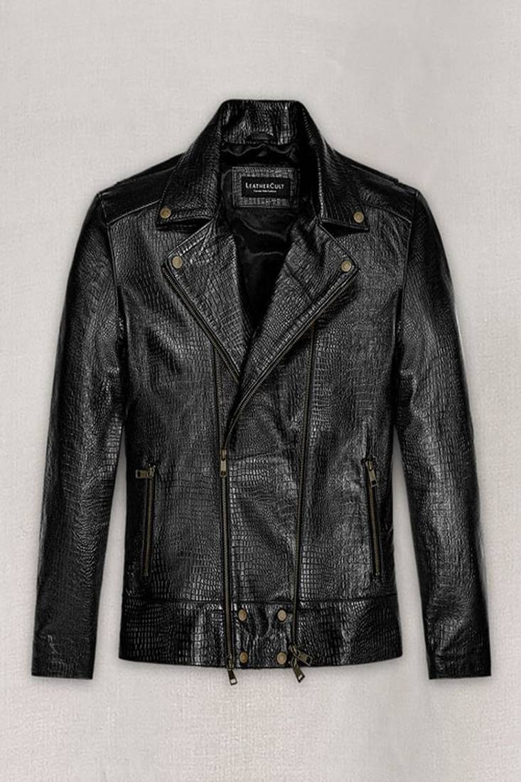 Croc embossed lambskin  black leather biker jacket - asymmetrical zipper