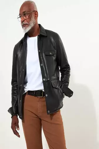 Joe browns black classic leather 100% cotton jacket with vintage check lining