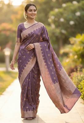 Banarasi viscose silk saree in chiku colour with  zari meenakri work 1