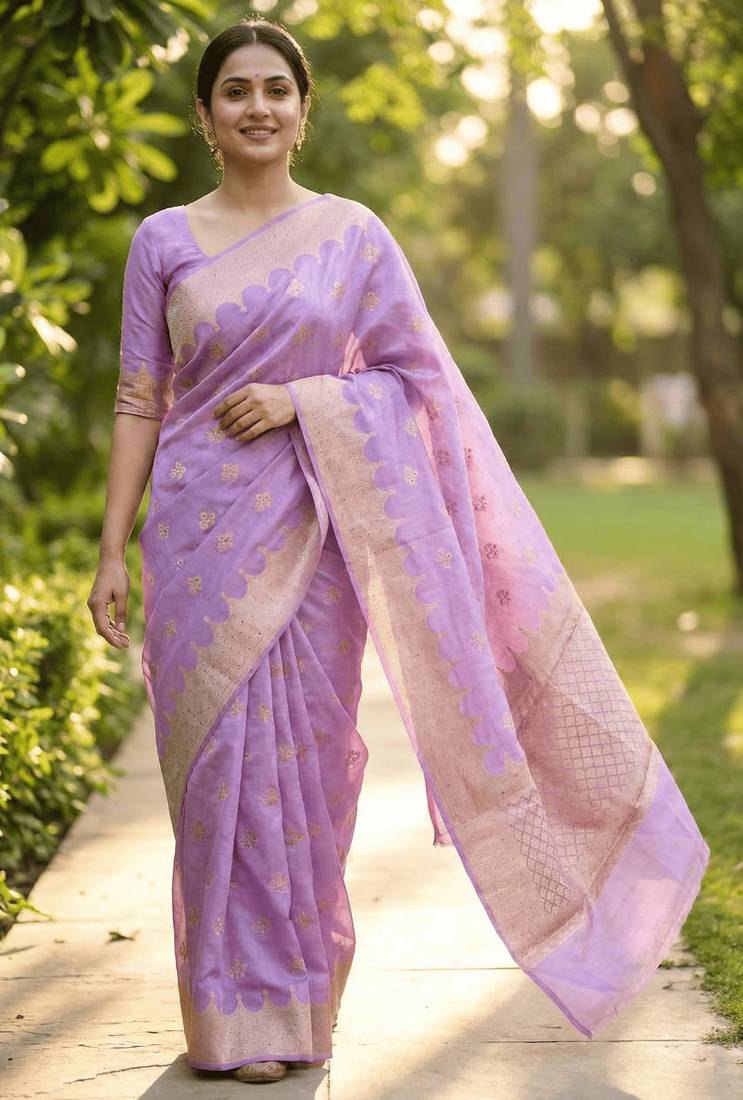 Banarasi viscose silk saree in lavender colour with  zari meenakri work