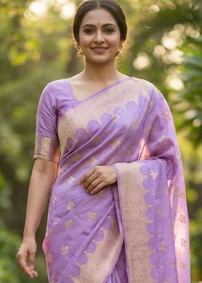 Banarasi viscose silk saree in lavender colour with  zari meenakri work 2