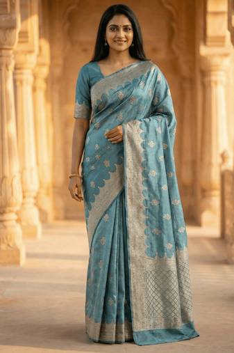 Banarasi viscose silk saree in seagreen colour with  zari meenakri work