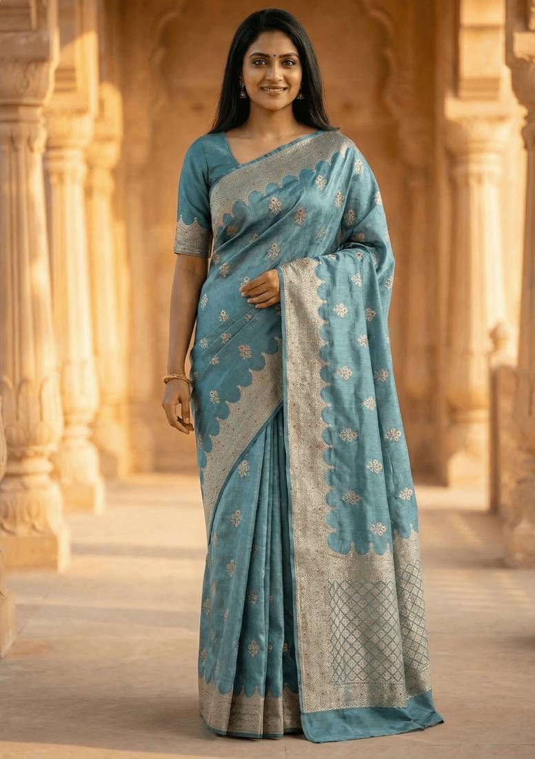 Banarasi viscose silk saree in seagreen colour with  zari meenakri work
