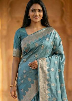 Banarasi viscose silk saree in seagreen colour with  zari meenakri work 2