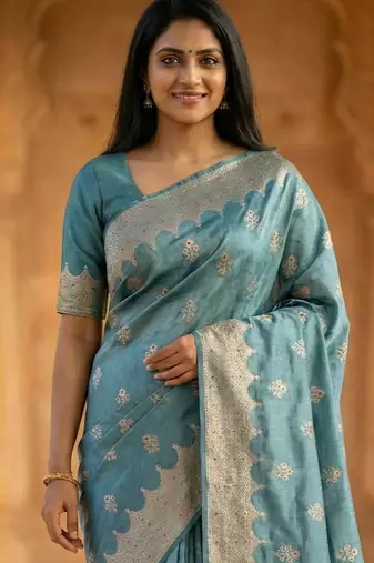 Banarasi viscose silk saree in seagreen colour with  zari meenakri work