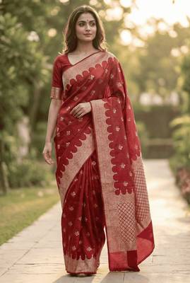 Banarasi viscose silk saree in red colour with  zari meenakri work 1