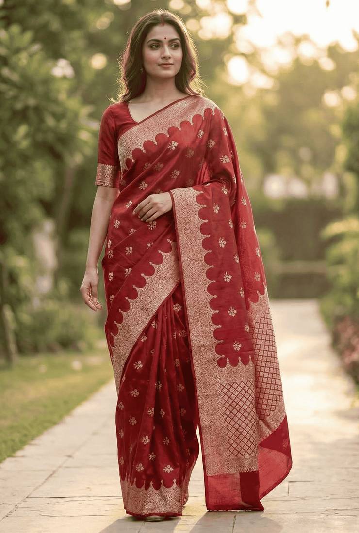 Banarasi viscose silk saree in red colour with  zari meenakri work