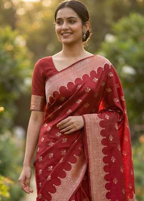 Banarasi viscose silk saree in red colour with  zari meenakri work 2