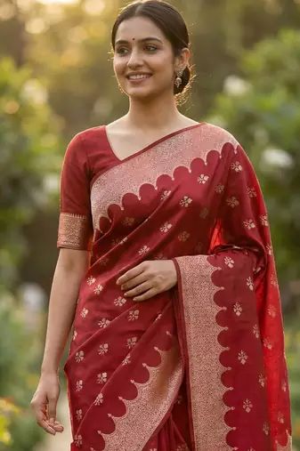 Banarasi viscose silk saree in red colour with  zari meenakri work