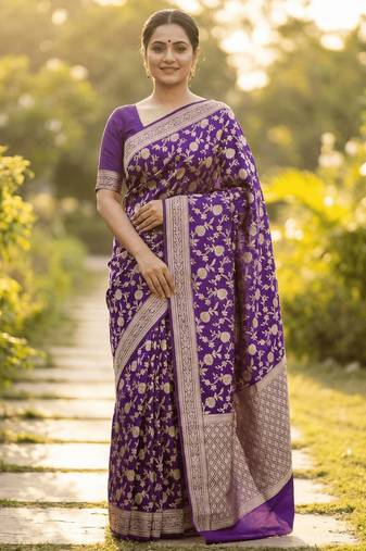 Banarasi viscose silk saree in purple colour with floral zari jaal work
