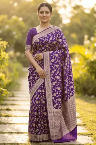 Banarasi viscose silk saree in purple colour with floral zari jaal work
