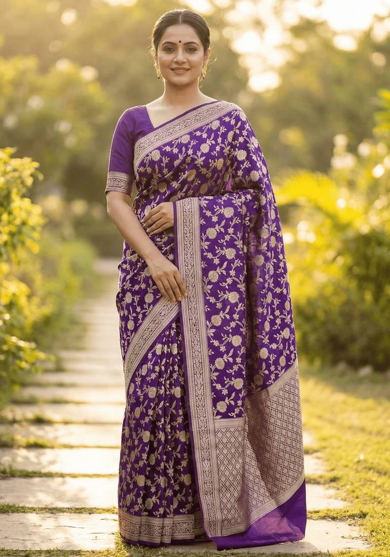 Banarasi viscose silk saree in purple colour with floral zari jaal work
