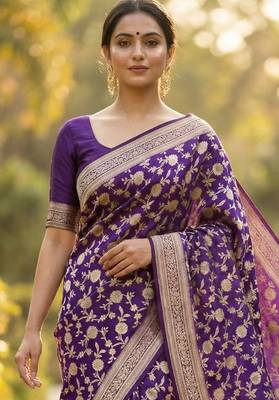 Banarasi viscose silk saree in purple colour with floral zari jaal work 2