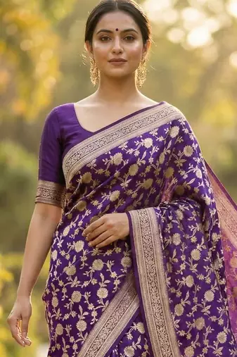 Banarasi viscose silk saree in purple colour with floral zari jaal work