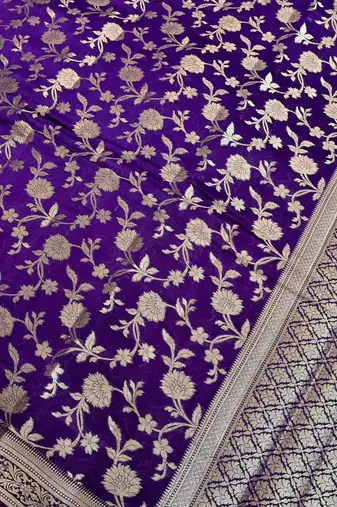 Banarasi viscose silk saree in purple colour with floral zari jaal work