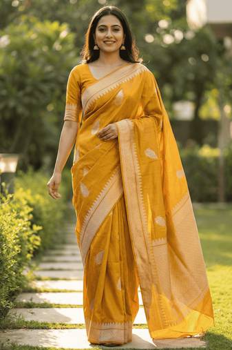 Banarasi viscose silk saree in mustard colour with leaf zari meenakari work