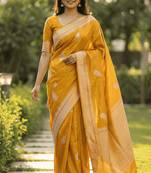 Banarasi viscose silk saree in mustard colour with leaf zari meenakari work