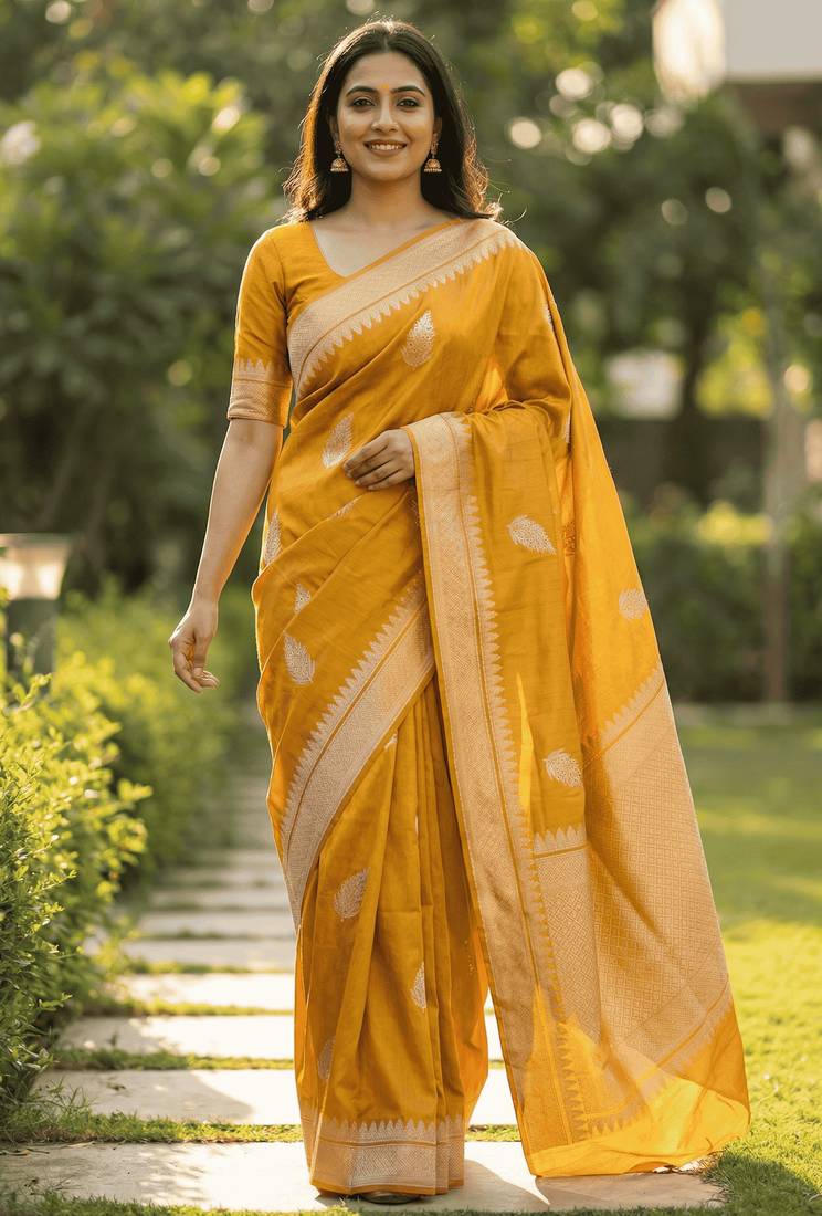 Banarasi viscose silk saree in mustard colour with leaf zari meenakari work
