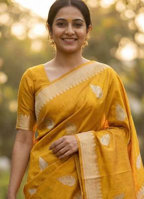 Banarasi viscose silk saree in mustard colour with leaf zari meenakari work 2