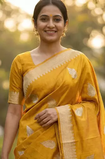 Banarasi viscose silk saree in mustard colour with leaf zari meenakari work