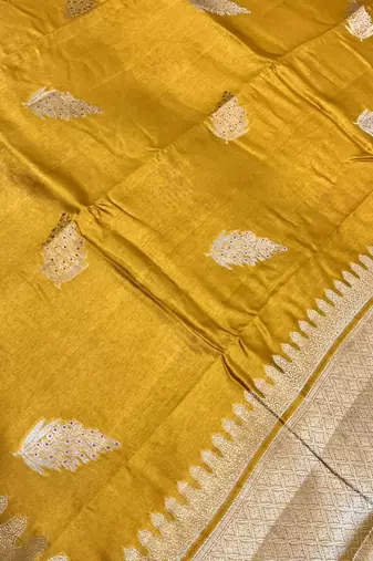 Banarasi viscose silk saree in mustard colour with leaf zari meenakari work
