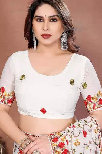 Off white georgette embroidered saree