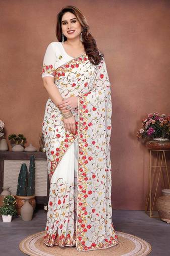 Off white georgette embroidered saree