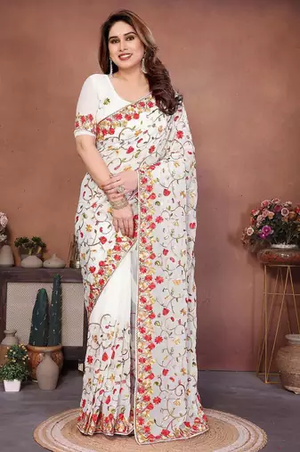 Off white georgette embroidered saree