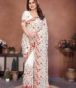 Off white georgette embroidered saree