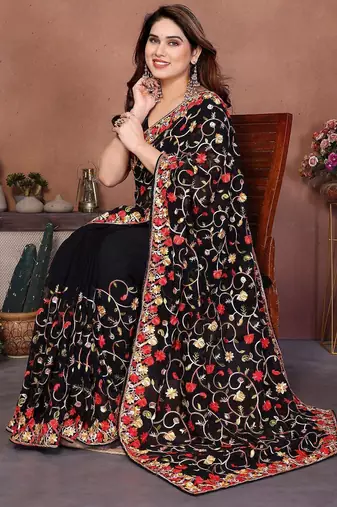 Black georgette embroidered saree