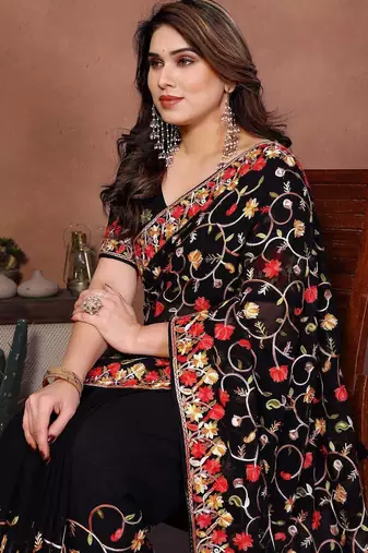 Black georgette embroidered saree
