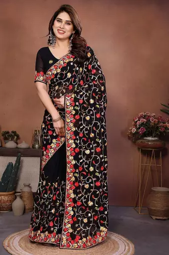 Black georgette embroidered saree