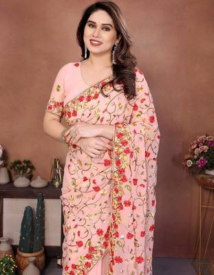 Pink georgette embroidered saree 5