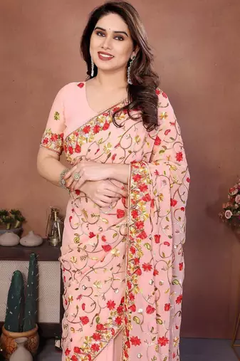 Pink georgette embroidered saree