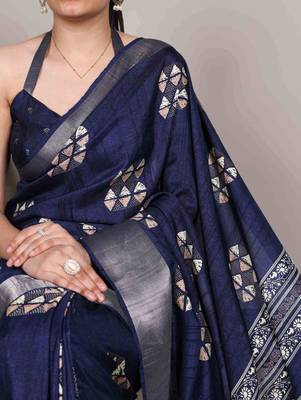Blue silk blend  geometric print saree 2