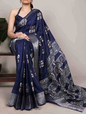 Blue silk blend  geometric print saree 1