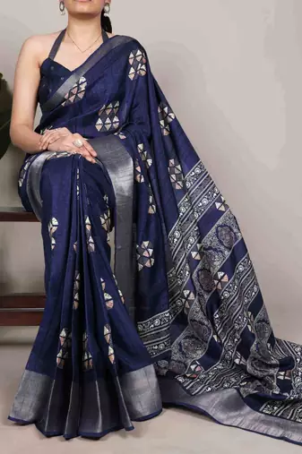 Blue silk blend  geometric print saree