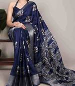 Blue silk blend  geometric print saree
