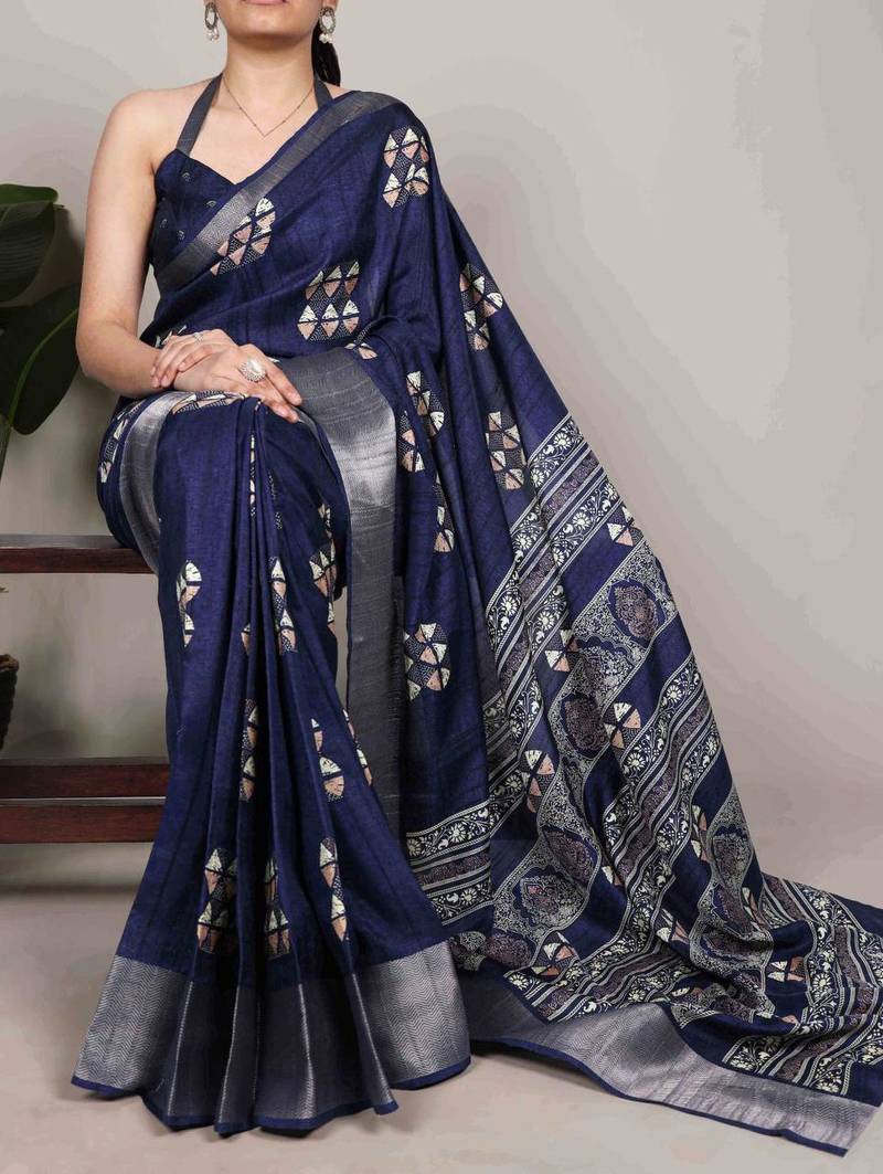 Blue silk blend  geometric print saree