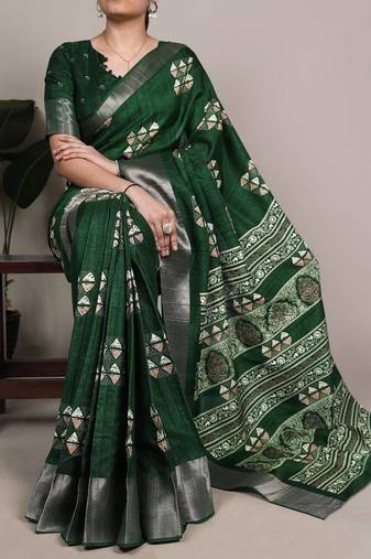 Green silk blend geometric print saree