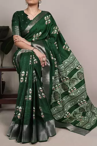 Green silk blend geometric print saree