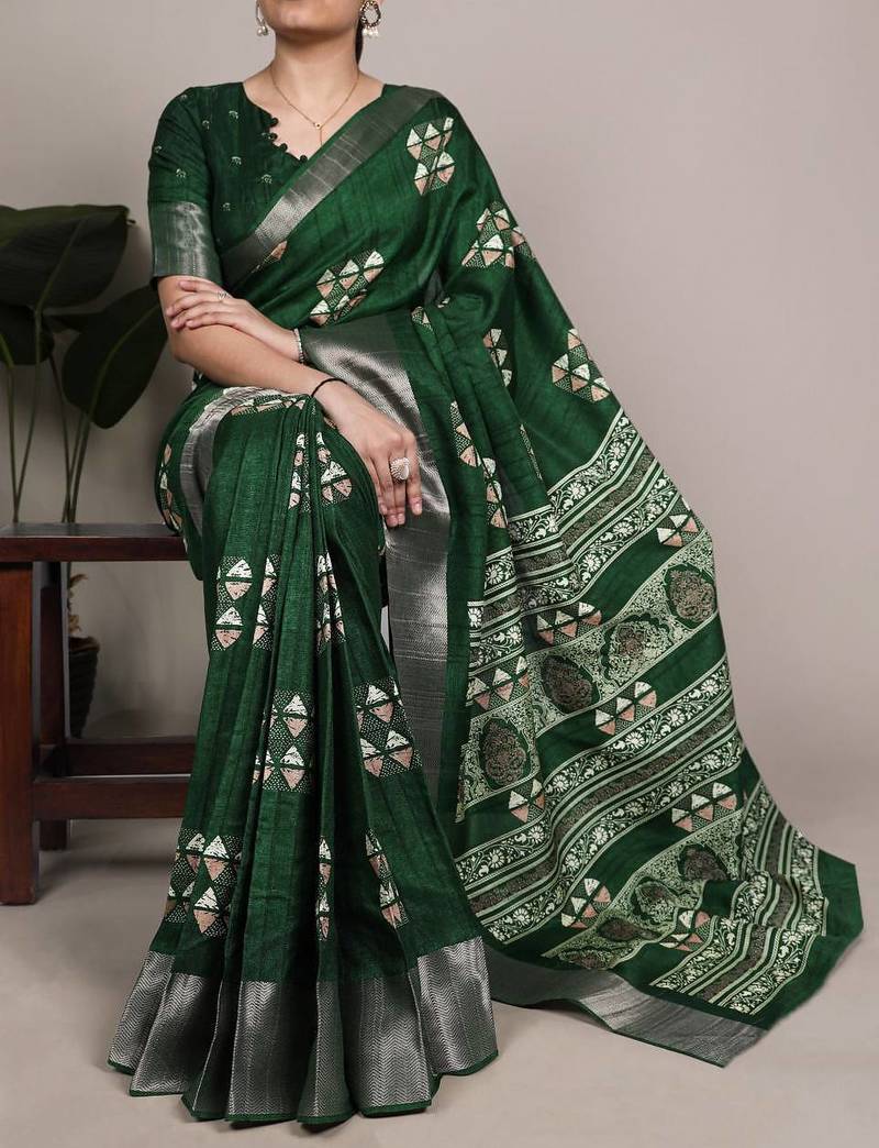 Green silk blend geometric print saree